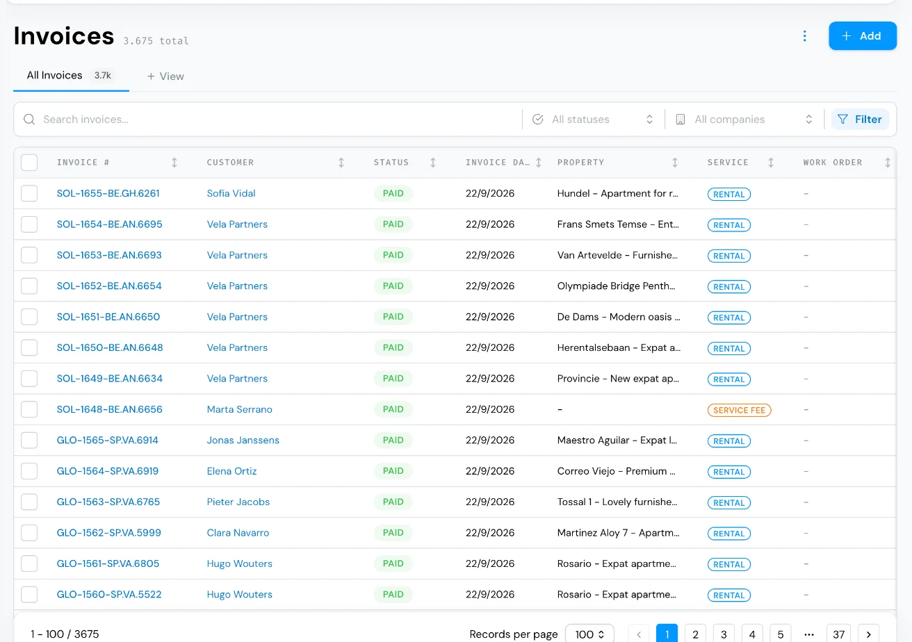 Invoice list with invoice numbers, customers, paid status, property and service type.