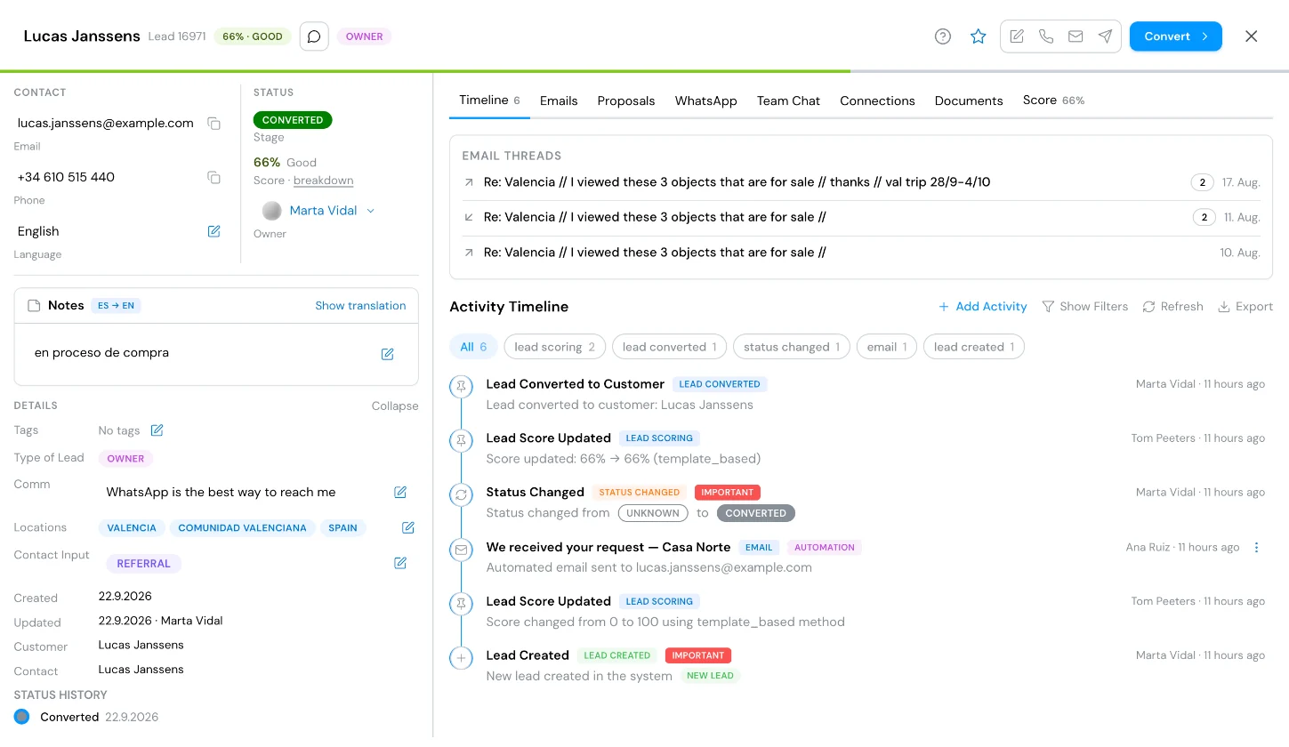 Lead detail with contact details, converted status, notes, email threads and an activity timeline.