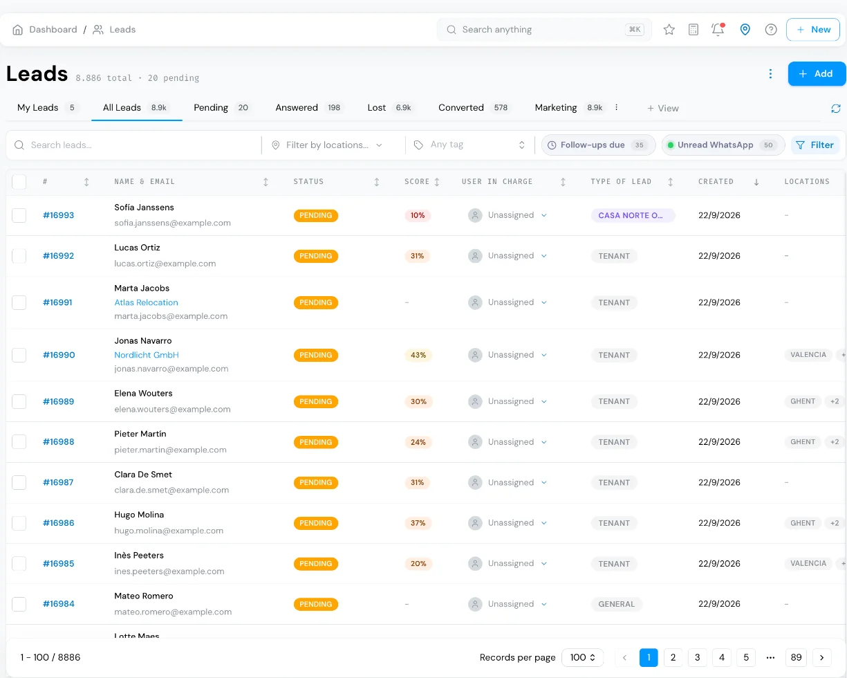Rentamos leads list with status, score, owner and lead type for each enquiry.