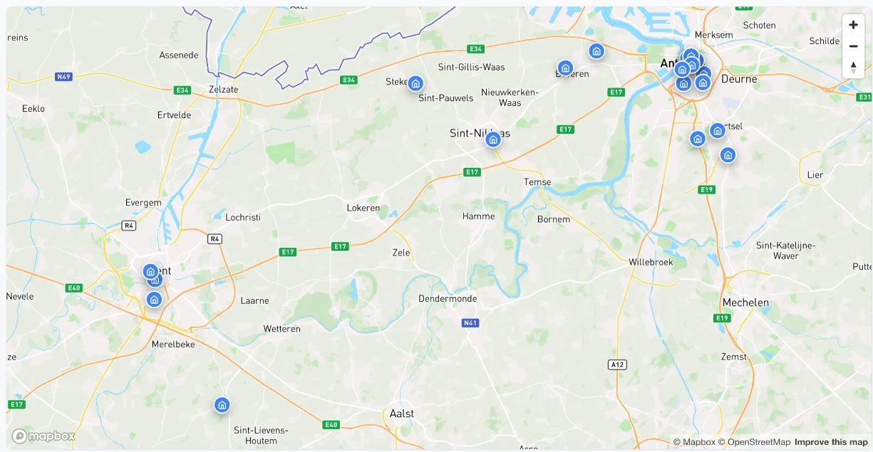 Mapa de Flandes con propiedades marcadas alrededor de Amberes, Gante y Sint-Niklaas.